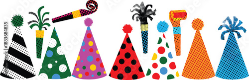 Vibrant party hats and colorful blowouts arranged in a lively celebration scene