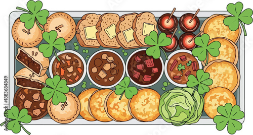 Assorted sweet and savory snacks arranged on a festive platter with decorative shamrocks