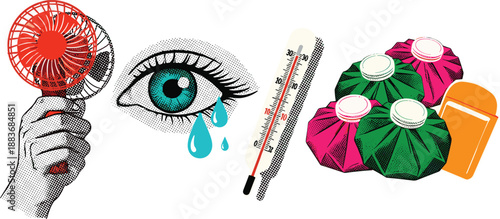 Illustration of summer relief items including fan, eye with sweat, thermometer, and cooling packs on white