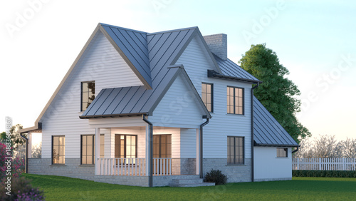 White modern American house exterior, 3d illustration