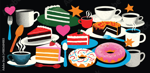 Assortment of sweet treats and hot beverages beautifully arranged on a table, showcasing pastries, cakes, and coffee