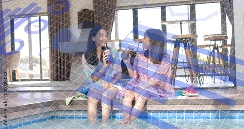 Sipping mom and daughter chatting at hotel pool wearing cover-ups, with plastic cups and overlay