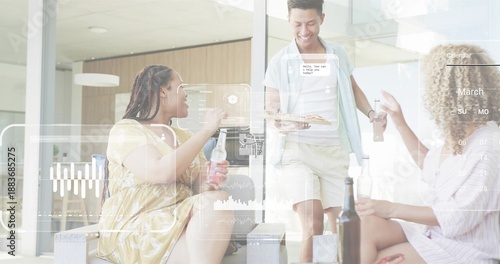 Serving friends wearing shirt and dresses holding pizza plate and bottles at patio, AR overlays