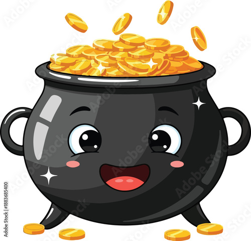 A cartoon pot filled with gold coins, overflowing with treasure, viewed from the front, in a playful, illustrated style.