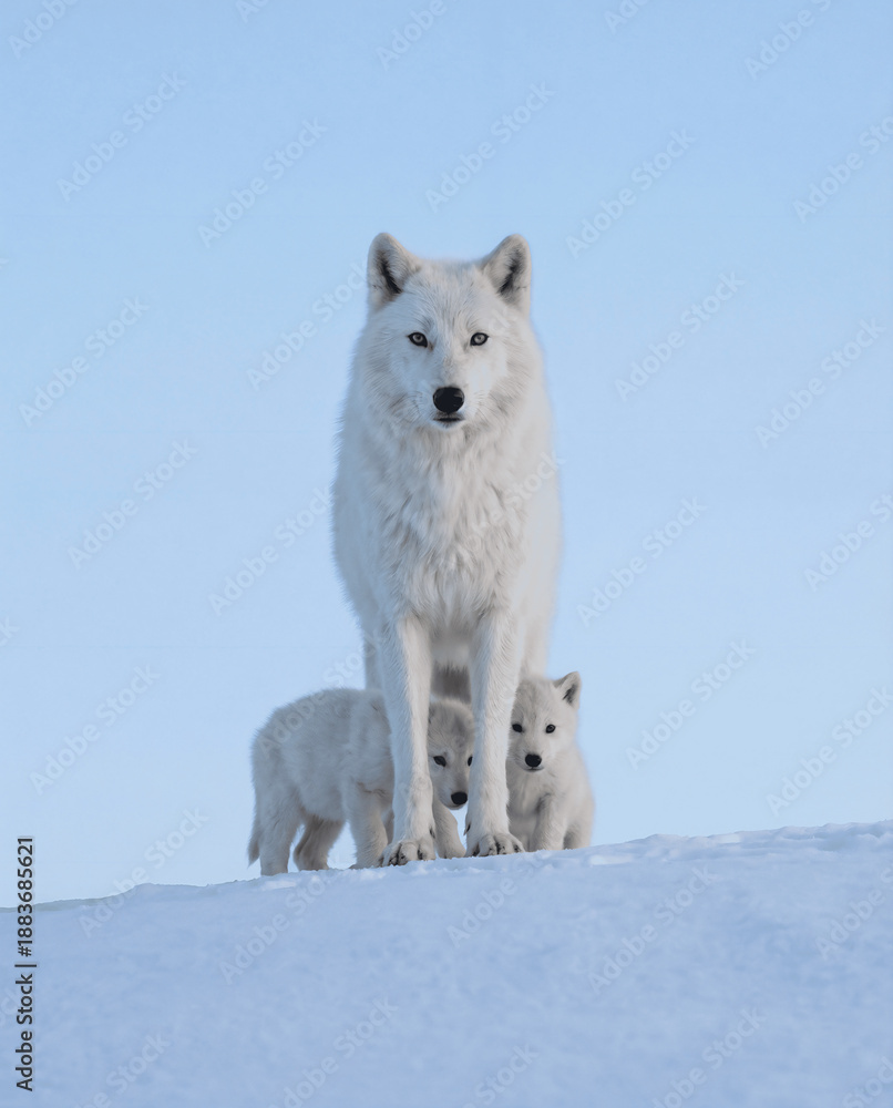 Fototapeta premium Arctic Wolf Standing Over Two Cubs on Snowy Hill