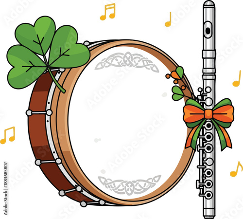 A festive illustration of a tambourine and flute adorned with shamrocks and ribbons, surrounded by musical notes, symbolizing Irish heritage.