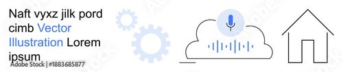 Artificial intelligence, smart home setup, voice recognition, cloud computing, automation, technology integration. Microphone on cloud, gear icons and house outline. Voice recognition and AI concept