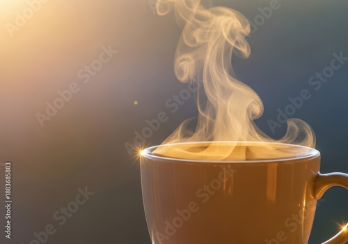 A steaming cup of golden herbal tea catching the morning sunlight, highlighting clarity and warmth for a refreshing start to the day, wooden, delicious, wake