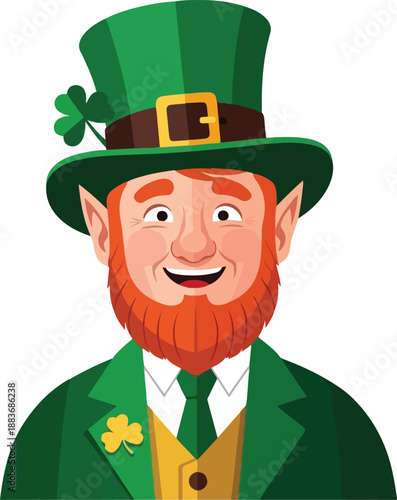A cheerful leprechaun wearing a green top hat and coat, holding a shamrock, celebrating St. Patrick's Day with a jovial expression.