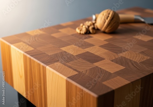 Close up of a large wooden butcher block cutting surface perfect for preparing meats and vegetables in a professional kitchen, food, cooking, professional