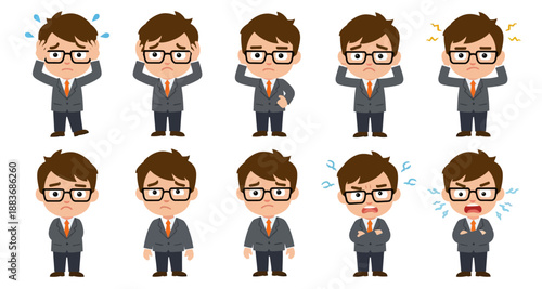 Cartoon Businessman Character Vector Set Showing Negative Emotions: Stress, Anger, Frustration, Sadness, and Worry