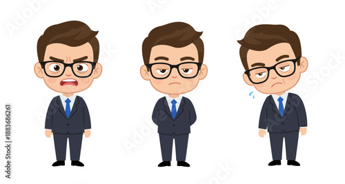 Cartoon Businessman Emotional Set: Angry, Annoyed, and Exhausted Manager