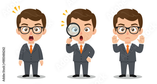 Cartoon Businessman Vector Set: Shock, Investigation with Magnifying Glass, and Stop/Refusal Gestures
