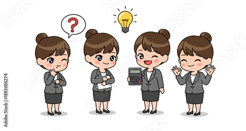 Cartoon Businesswoman Characters Showing Problem Solving, Idea, Calculation, and Success Stages Vector Set