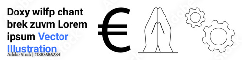 Finance, religion, manufacturing, economic planning, workplace ethics, financial systems. Euro currency symbol with praying hands and gears. Finance and religion conceptual visualization