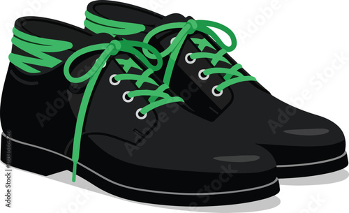 Black shoes with green laces on a white background