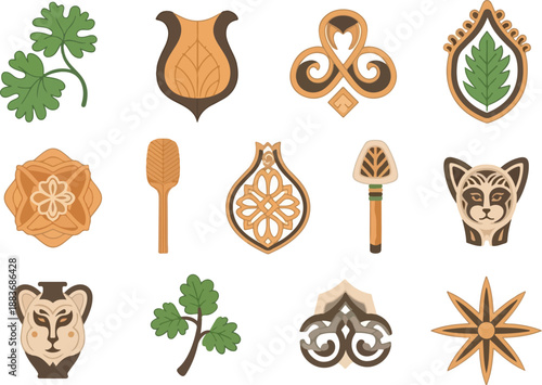 Assorted Wooden Kitchen Utensils and Decorative Elements on Display