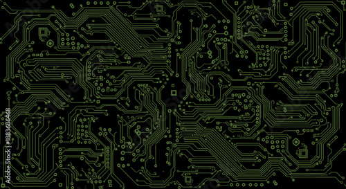 Abstract digital circuit board design with intricate pathways and connections on a black background, representing technology and data flow