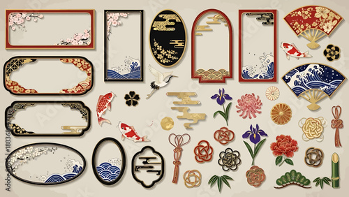 Collection of traditional Japanese decorative elements and symbols including floral motifs, koi fish, fans, and woven knots for design