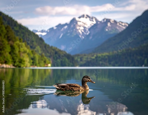 Wallpaper Mural Duck swimming in serene mountain lake scenery. Torontodigital.ca