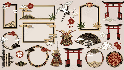 Japanese traditional cultural elements and ornaments including torii gates, samurai helmets, cranes, and maple leaves