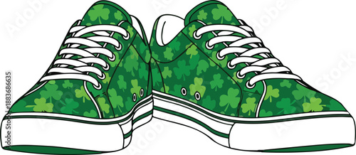 A pair of green camouflage sneakers with white laces and soles viewed from the front