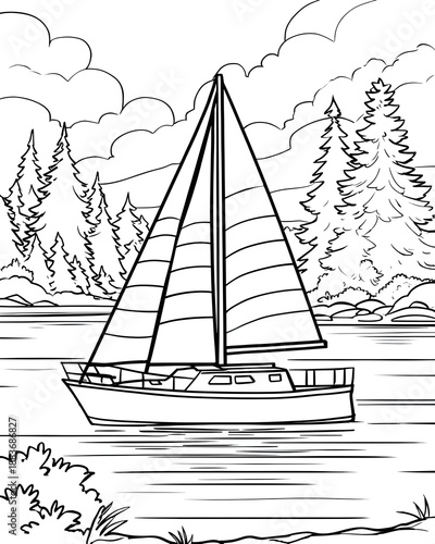 A sailboat on the water with white sail coloring page