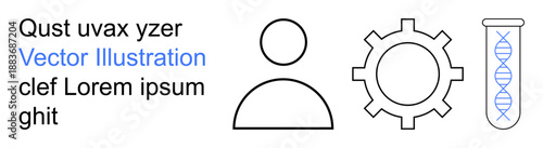 Biotechnology, engineering, research, innovation, lab work, human connections. Minimalistic icons including a person, gear and test tube with DNA strands. Innovation and biotechnology concepts