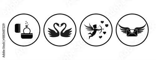 Icon set of romantic silhouettes including a diamond engagement ring, a swan forming a heart, Cupid with a bow, and a flying love letter, vector illustration