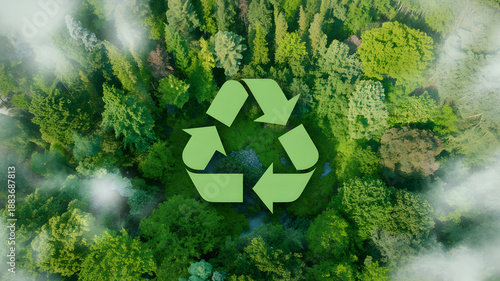 Green recycling symbol floats above a beautiful dense forest from an aerial viewpoint with soft fog conveying environmental responsibility and sustain