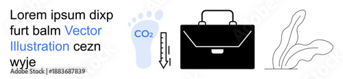 Climate change, sustainability, eco-friendly practices, business, minimalism, and environmental awareness. Foot icon with CO2 label, briefcase abstract plant. Climate change and sustainability