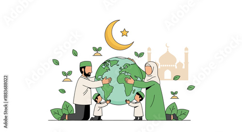 Family embracing globe with crescent moon.