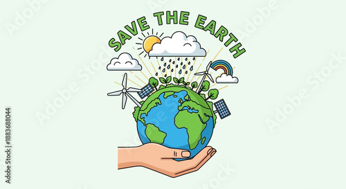 Hand holding Earth with eco friendly elements.