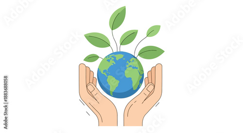 Hands Holding Globe with Green Leaves.