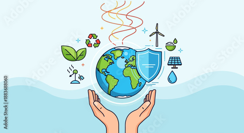 Hands Holding Earth with Renewable Energy Symbols.