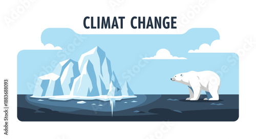 Polar bear standing near melting iceberg illustration.