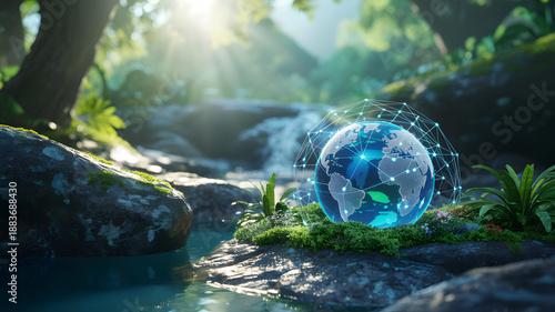 Glowing Earth globe with digital network on mossy rocks by a tranquil stream in a sunlit forest representing global connection and nature conservation