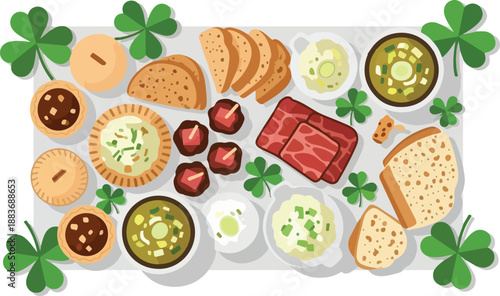 Assorted traditional Irish foods and desserts arranged on a platter surrounded by shamrocks, celebrating St. Patrick's Day