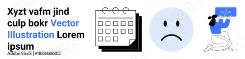 Productivity workflow, emotion tracking, web development, scheduling, mental health, programming. Features calendar, sad expression and coding illustration. Productivity and emotion tracking
