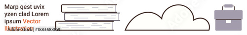 Education, cloud storage, digital tools, corporate concepts, learning resources, and file management. Three books, a cloud outline and a briefcase icon. Education and cloud storage