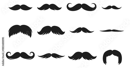 Silhouette mustache icon set featuring various classic and modern styles for Movember, barber shops, and retro designs