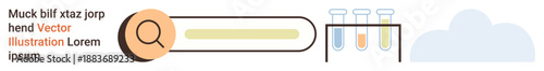Digital research, laboratory testing, data analysis, online search, scientific process, technology. Search bar with magnifying glass and test tubes. Digital research and laboratory testing concept