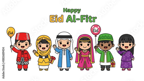 Diverse cartoon characters celebrating Eid Al-Fitr together with traditional clothing and accessories in a vibrant scene