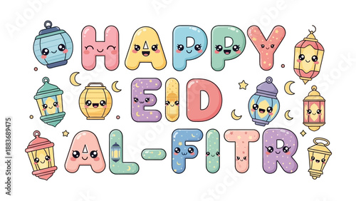 Celebrating Eid al-Fitr with colorful lanterns and smiling crescent moons in a joyful illustration