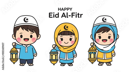 Three cartoon children in traditional attire celebrating Eid Al-Fitr with lanterns