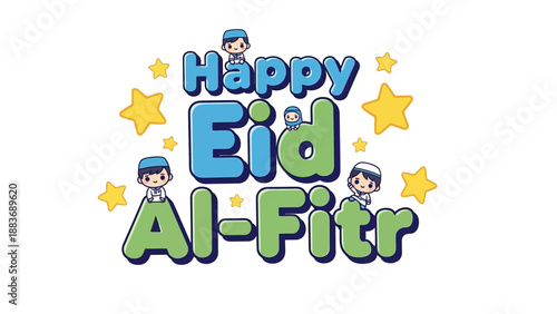 Celebrating Eid Al-Fitr with Joyful Children and Stars in a Vibrant Illustration from a Direct Viewpoint