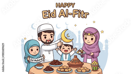 A family celebrating Eid Al-Fitr together around a festive table with traditional food and decorations in a joyful atmosphere.