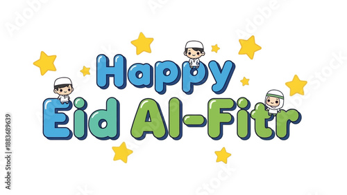 Celebrating Eid Al-Fitr with joyful cartoon characters surrounded by stars and festive decorations in a vibrant illustration