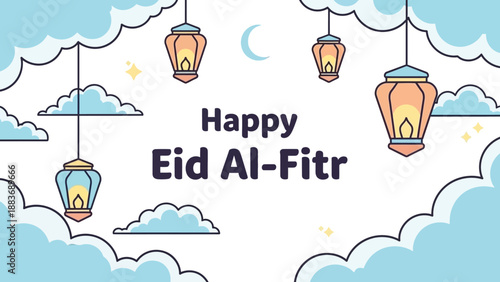 Celebrating Eid Al-Fitr with lanterns hanging amidst clouds and moon in a festive atmosphere