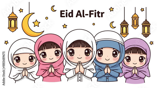 Children celebrating Eid Al-Fitr with prayer and festive decorations